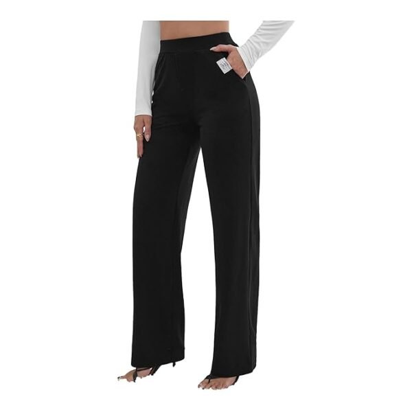 NUCOUTHS Women's Stretchable Trousers - Polyester Blend, Solid Design, Elastic Waist, Office & Casual Wear|Trouser_Plain_D2_BLACK-0011