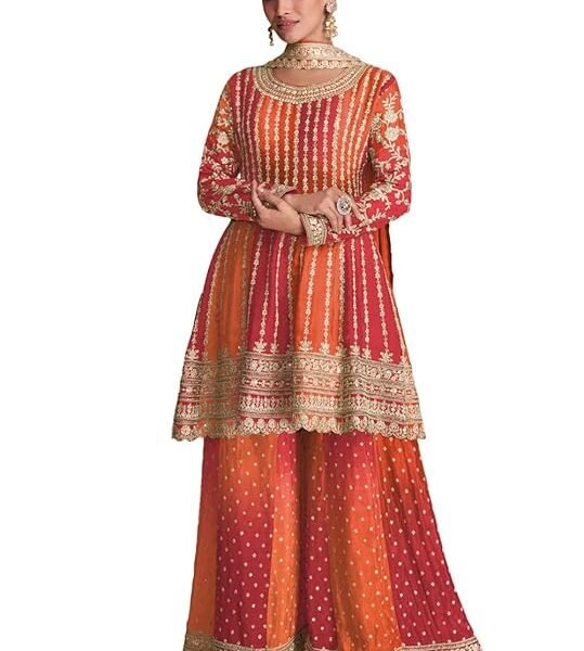 Miss Ethnik Dual Tone Strip Chinon Heavy Embroidered Stitched Sharara Suit Set With Dupatta (ME-1129)