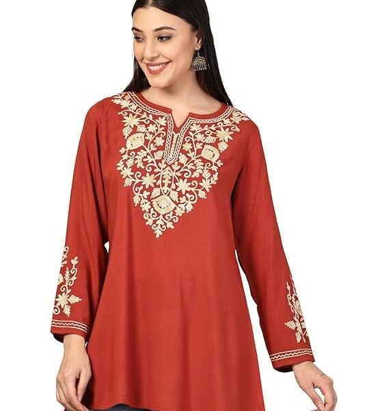 QAZMI Women's Jasmine Kashmiri A-Line Full Sleeves Rayon Cotton Short Kurti