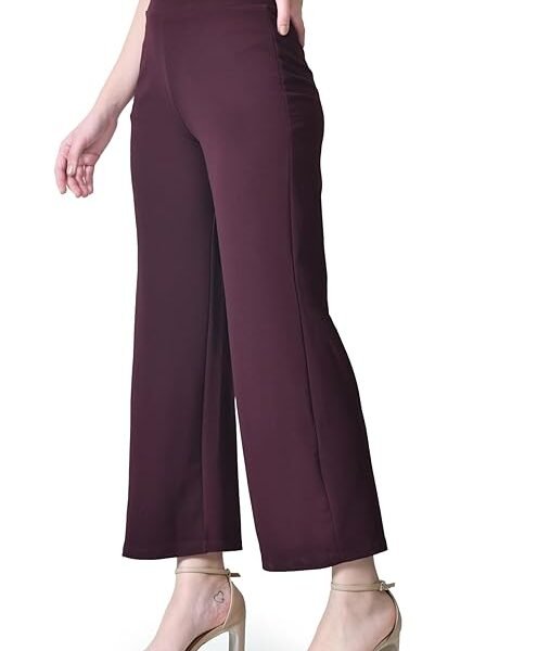 OWL MINK Women's High Waist Straight Fit Trousers | Solid Korean Stretchable Pants for Women | Regular Fit Elastic Waist Full Length Formal Trouser for Casual & Office Wear