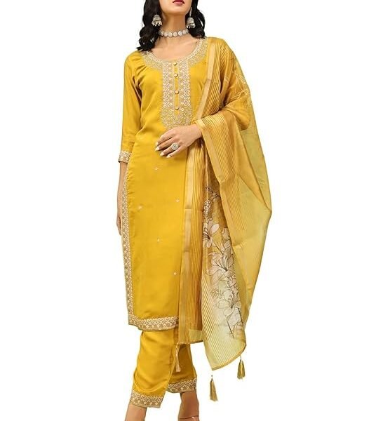VredeVogel Kurta Set with Dupatta | Viscose Roman Silk Embroidered Kurta Set for Women | Women's Ethnic Casual Kurti Set |Kurta Pant Festive Suit
