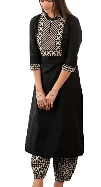 Yashika Women's 3/4 Sleeve Solid Black Color Kurti Pant Set, Cotton Blend, Knee Length, Stylish Ethnic Outfit, Office, and Casual Occasions