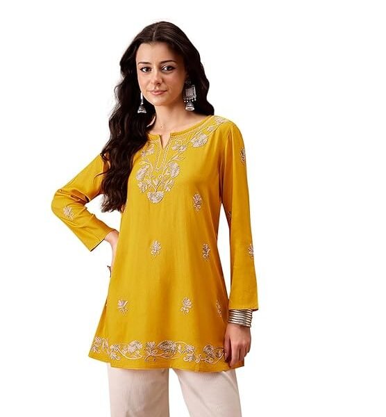 QAZMI Women's Zayesha Kashmiri A-Line Short Kurti