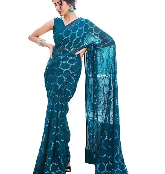 SIRIL Women's Piping & Sequence Embroidery Georgette Saree with Unstitched Blouse Piece