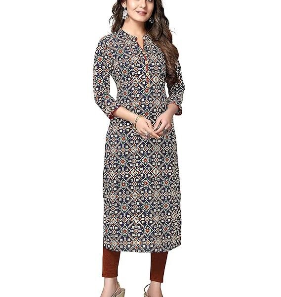 Rajnandini Women's Pure Cotton Jaipuri Printed Straight Kurti (Ready to Wear; Navy Blue and Red; S to 6XL)